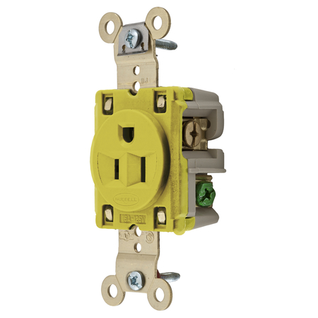 HUBBELL WIRING DEVICE-KELLEMS Straight Blade Devices, Receptacles, Single, Industrial Grade, 2-Pole 3-Wire Grounding, 15A 125V, 5-15R, Yellow, Single Pack, Ring Terminal. HBL5261YRT